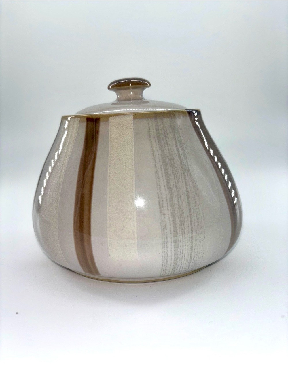 Denby Langley Truffle Multicolor Striped Stoneware Sugar Lidded Brown Cream Blue